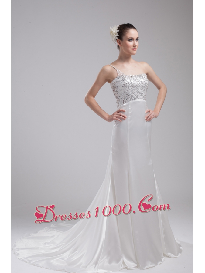 A-line One Shoulder Sequins Beading Wedding Dress