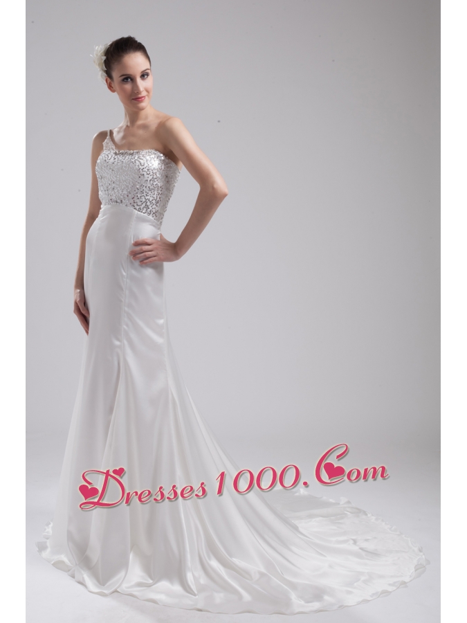 A-line One Shoulder Sequins Beading Wedding Dress