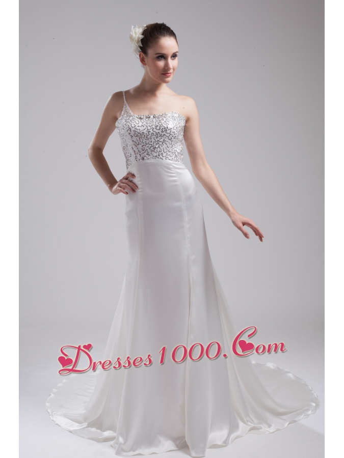 A-line One Shoulder Sequins Beading Wedding Dress
