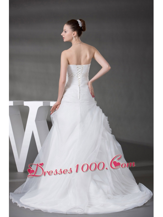 A-line Pick-ups Ruching Appliques Strapless Wedding Dress