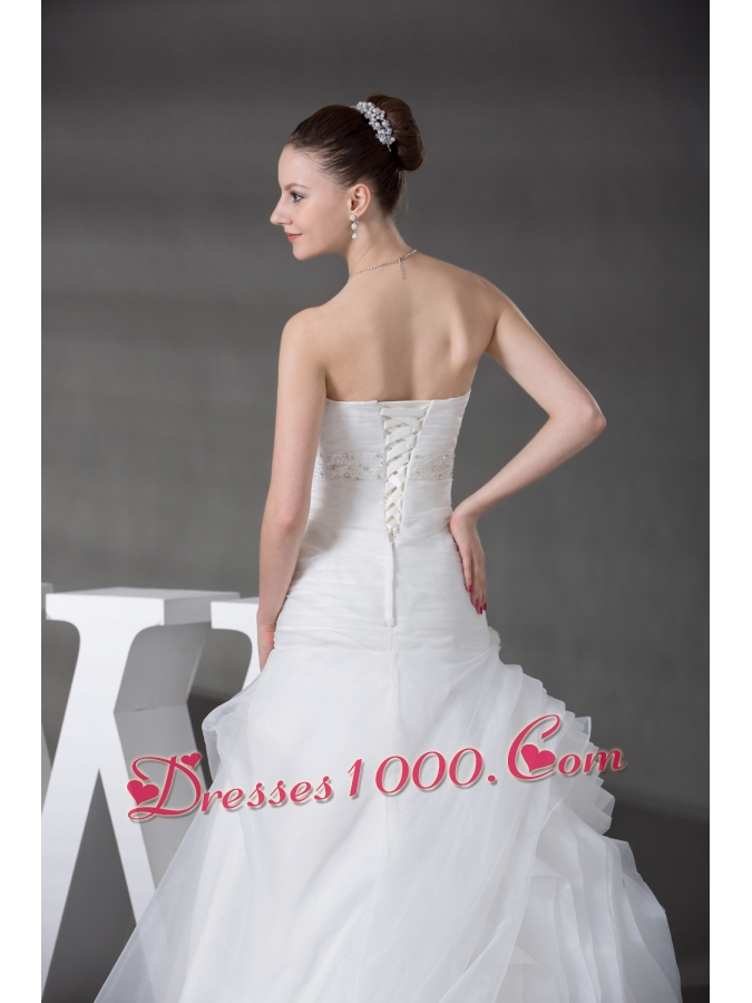 A-line Pick-ups Ruching Appliques Strapless Wedding Dress