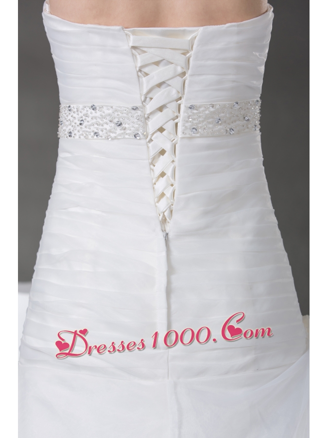 A-line Pick-ups Ruching Appliques Strapless Wedding Dress