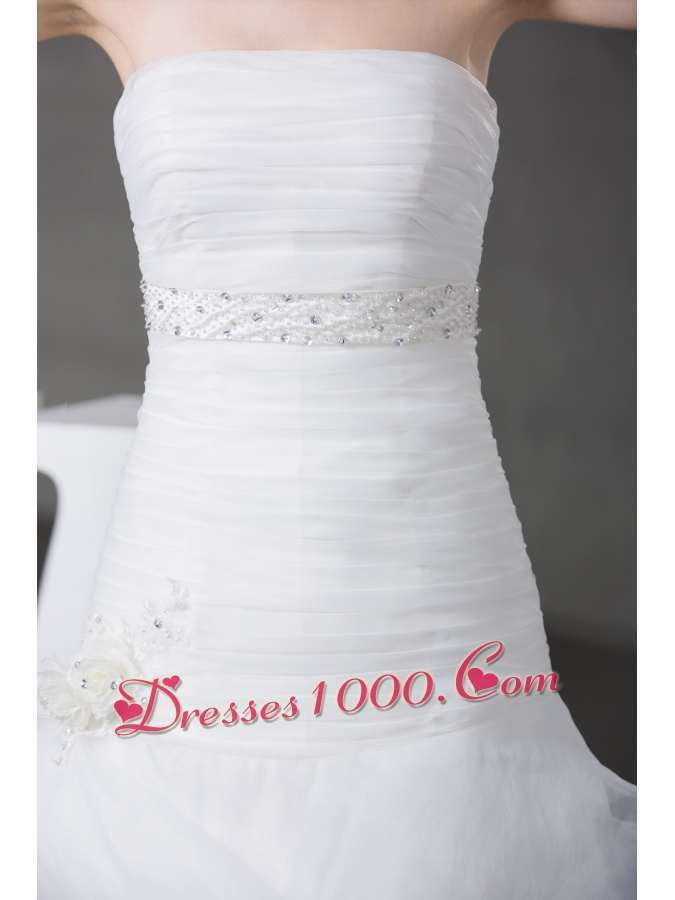 A-line Pick-ups Ruching Appliques Strapless Wedding Dress