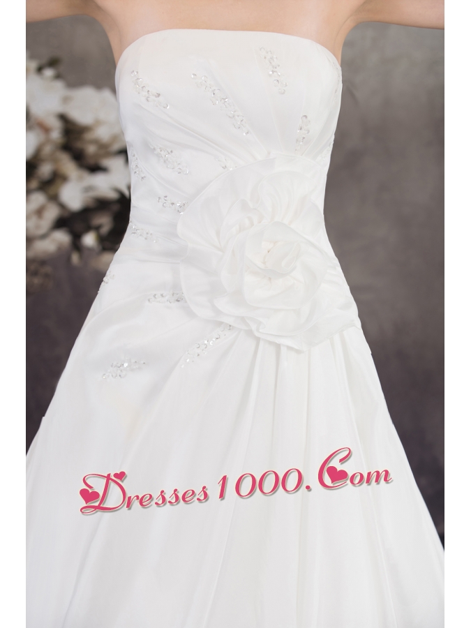 A-line Strapless Hand Made Flower Appliques Court Train Wedding Dress