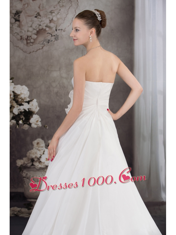 A-line Strapless Hand Made Flower Appliques Court Train Wedding Dress