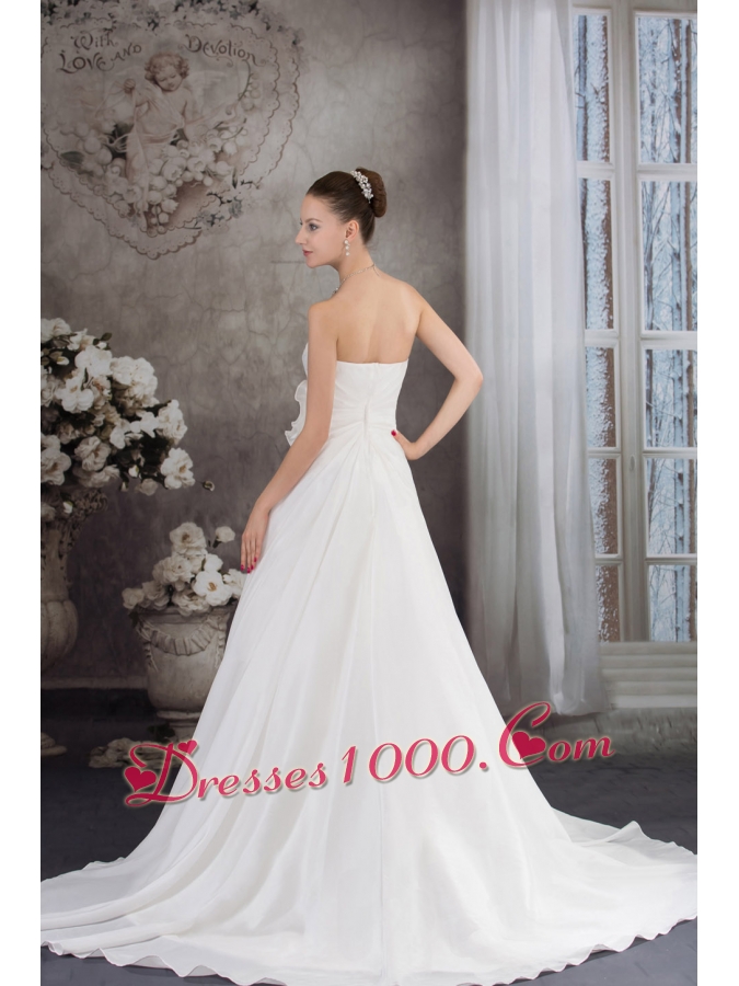 A-line Strapless Hand Made Flower Appliques Court Train Wedding Dress