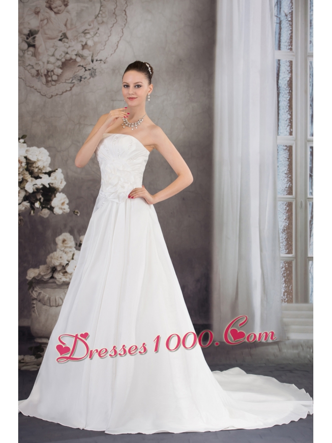 A-line Strapless Hand Made Flower Appliques Court Train Wedding Dress
