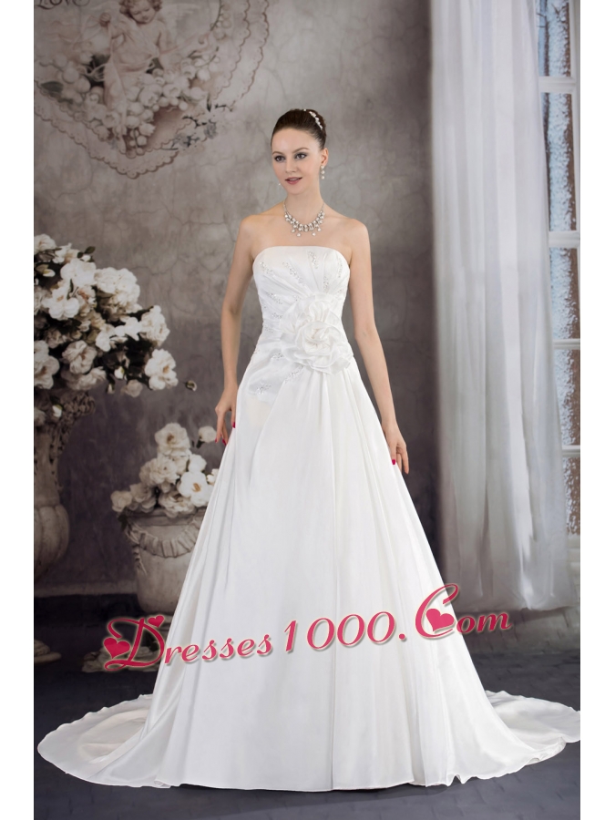 A-line Strapless Hand Made Flower Appliques Court Train Wedding Dress