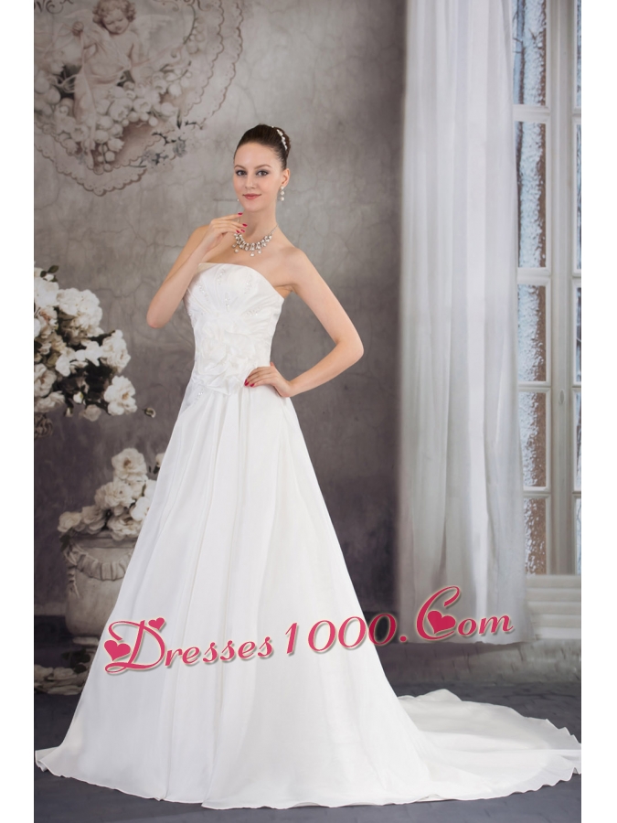 A-line Strapless Hand Made Flower Appliques Court Train Wedding Dress