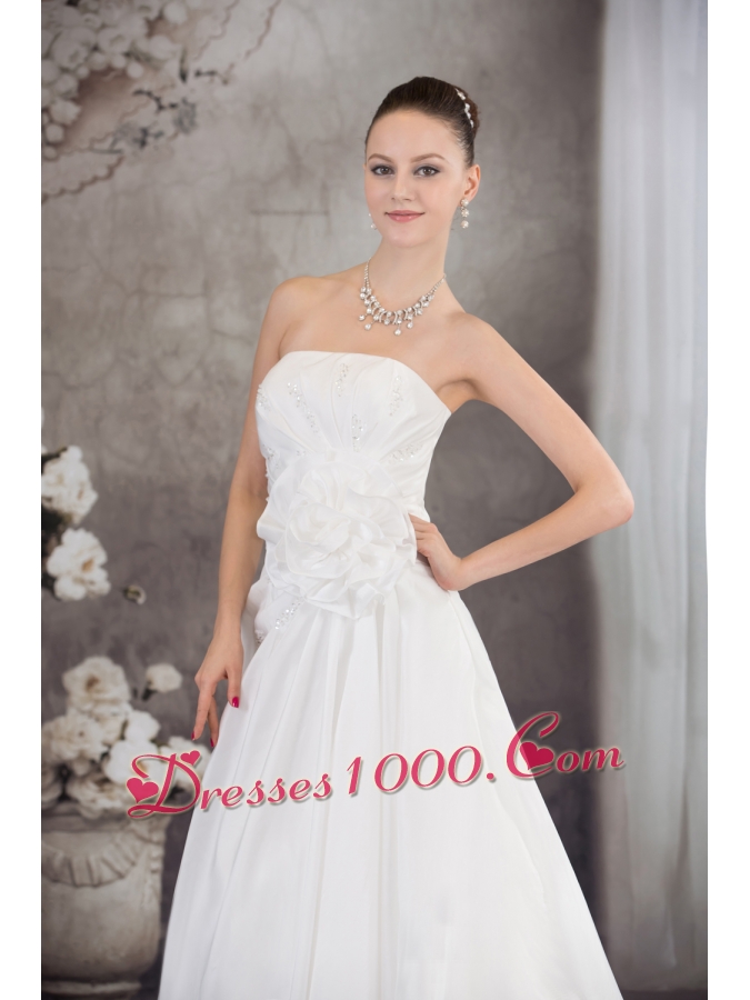 A-line Strapless Hand Made Flower Appliques Court Train Wedding Dress