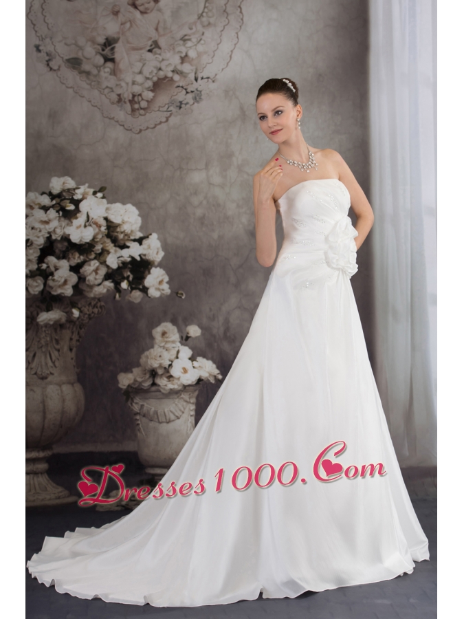 A-line Strapless Hand Made Flower Appliques Court Train Wedding Dress