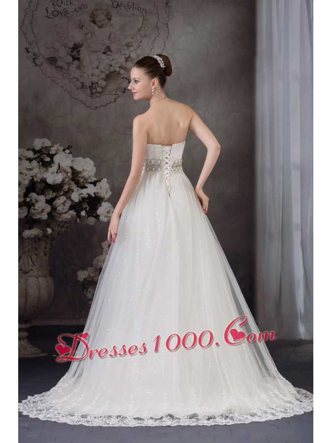 A-line Strapless Lace Beading Tulle Wedding Dress