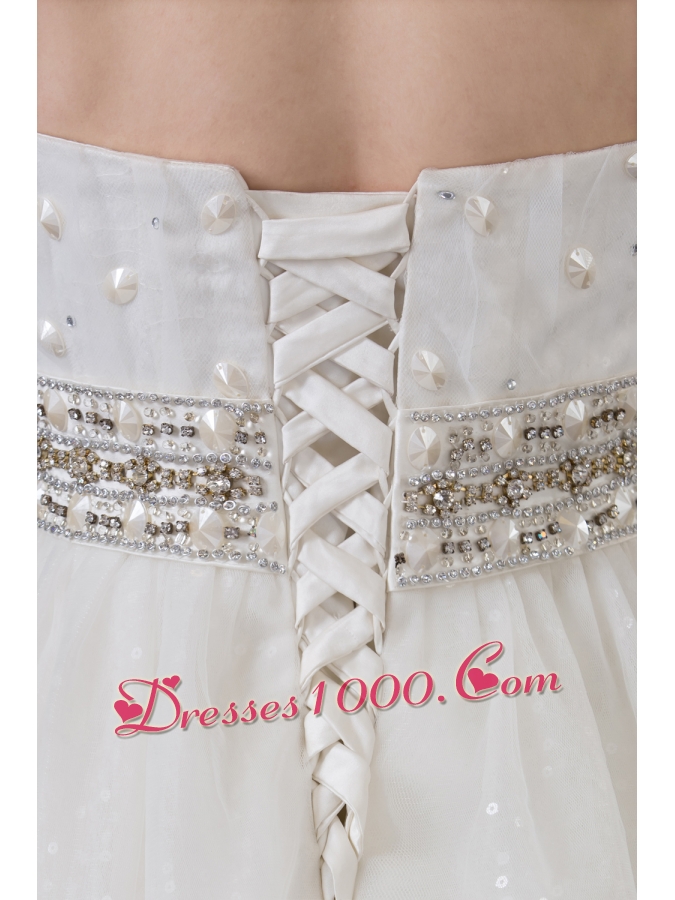 A-line Strapless Lace Beading Tulle Wedding Dress