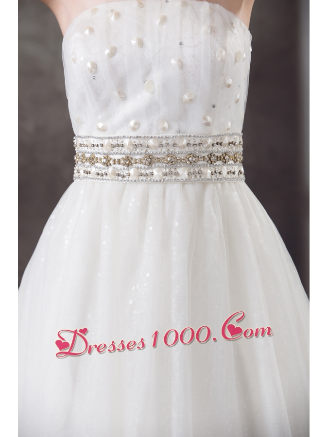 A-line Strapless Lace Beading Tulle Wedding Dress