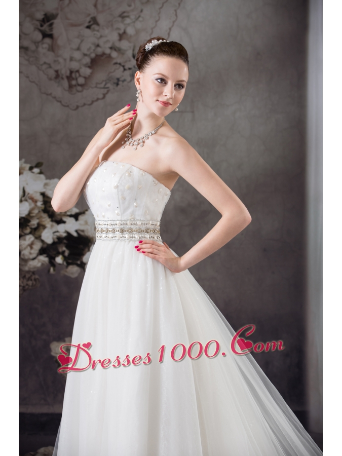 A-line Strapless Lace Beading Tulle Wedding Dress