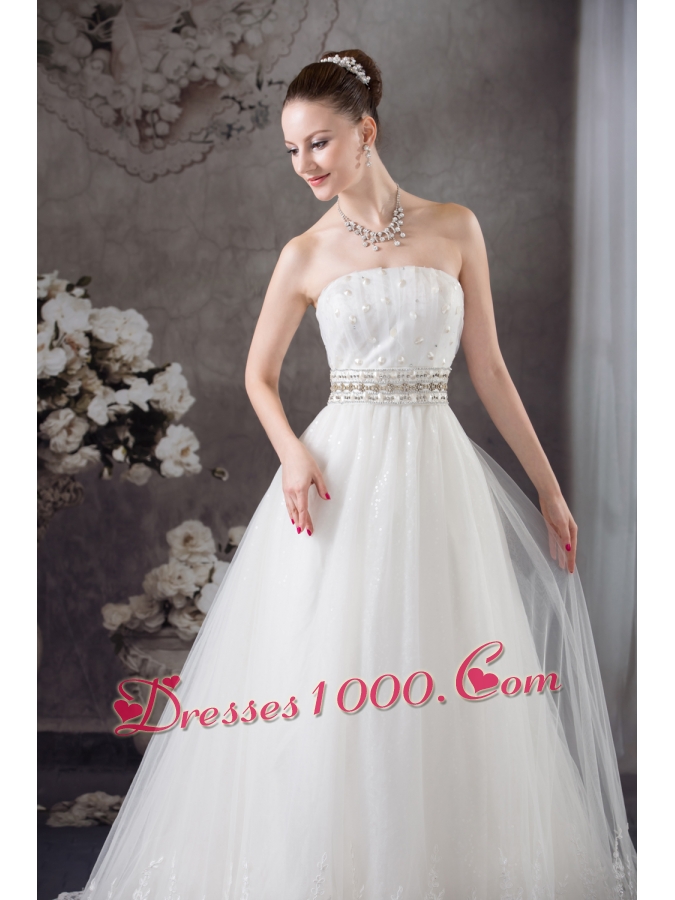 A-line Strapless Lace Beading Tulle Wedding Dress