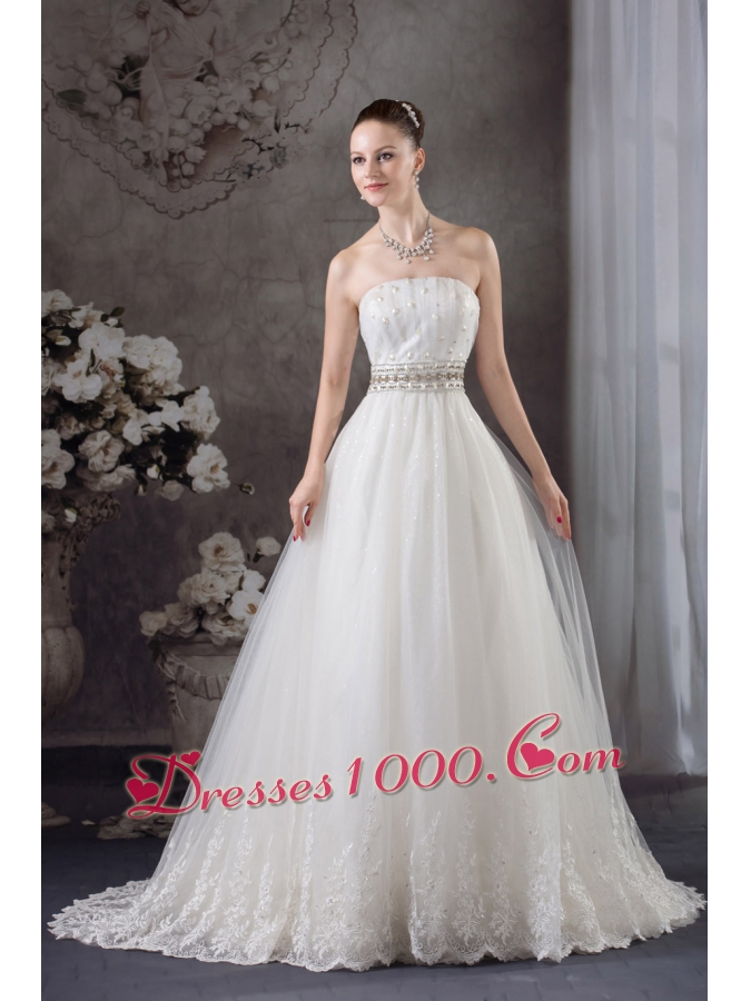 A-line Strapless Lace Beading Tulle Wedding Dress