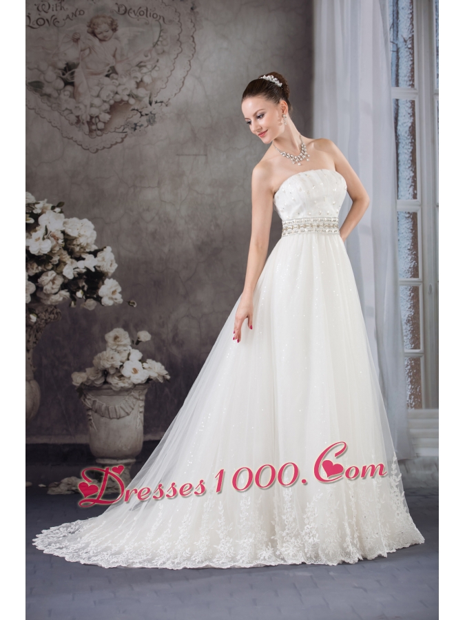 A-line Strapless Lace Beading Tulle Wedding Dress