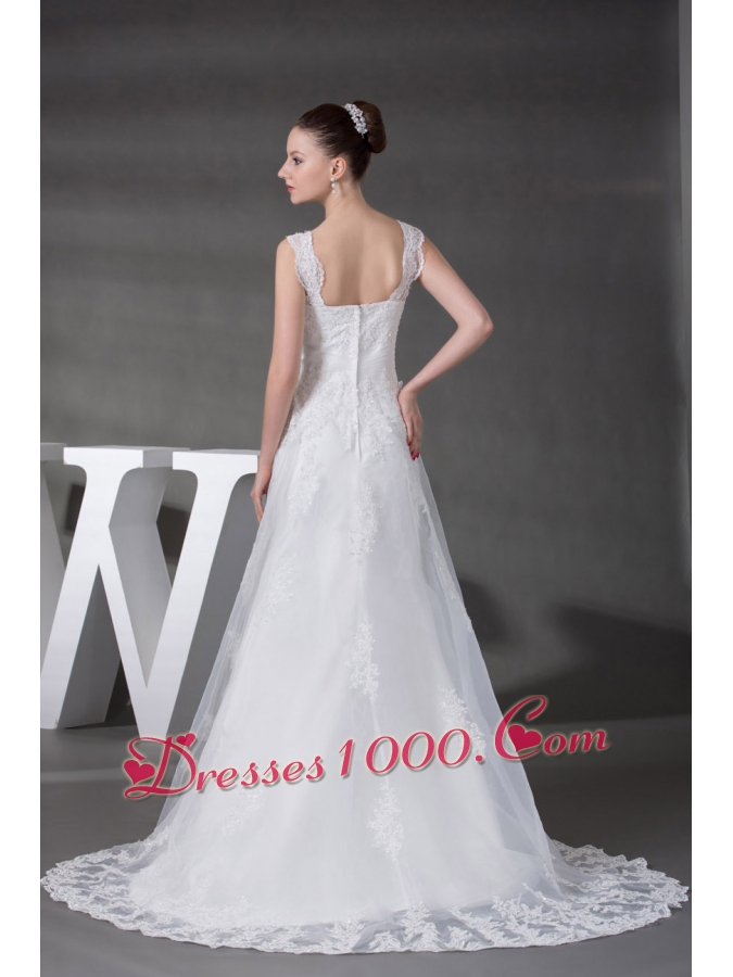 A-line Straps Lace Court Train Wedding Dress