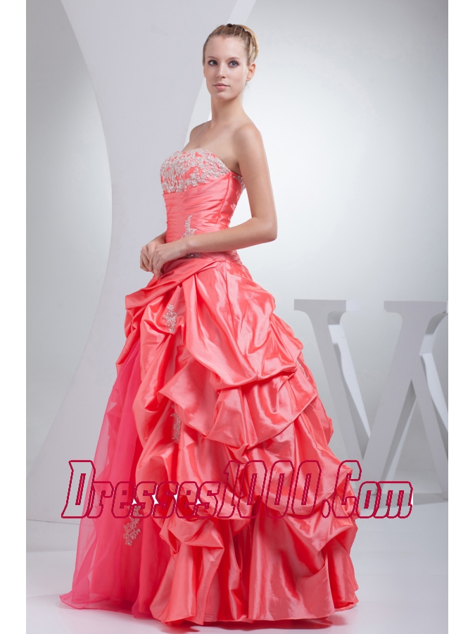 A-line Watermelon Red Pick-ups Appliques Quinceanera Dress