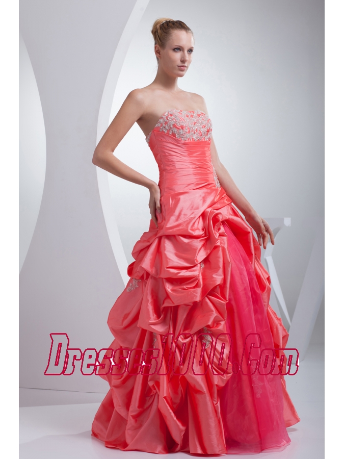 A-line Watermelon Red Pick-ups Appliques Quinceanera Dress