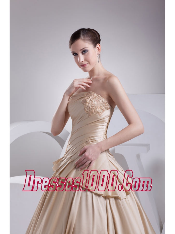 Appliques A-Line Strapless Chapel Train Wedding Dress with Champagne
