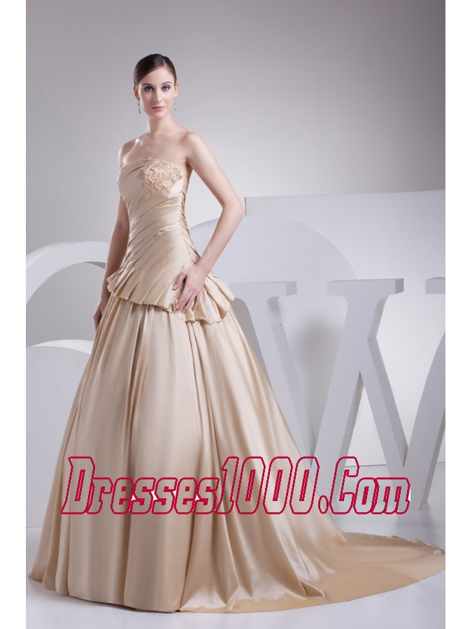 Appliques A-Line Strapless Chapel Train Wedding Dress with Champagne