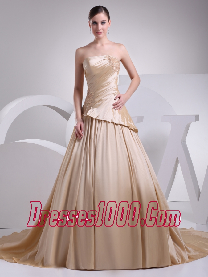 Appliques A-Line Strapless Chapel Train Wedding Dress with Champagne