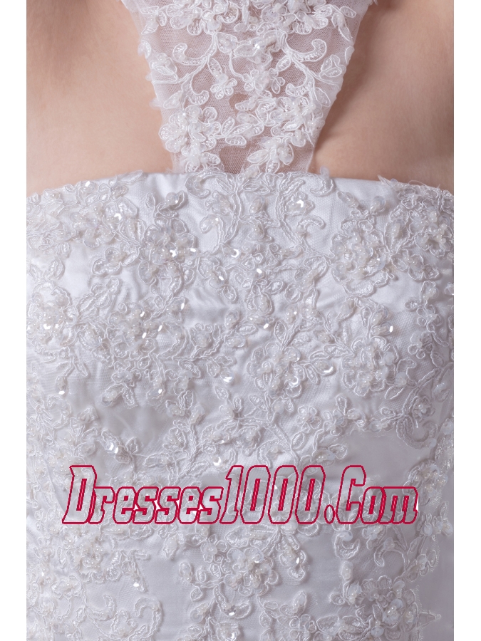 Appliques High Neck Taffeta Wedding Dress with Court Train