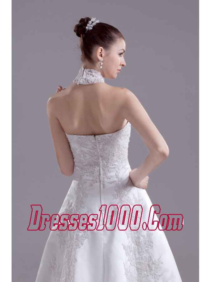 Appliques High Neck Taffeta Wedding Dress with Court Train