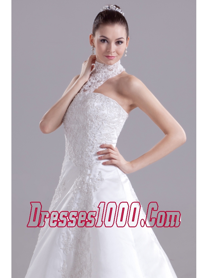 Appliques High Neck Taffeta Wedding Dress with Court Train