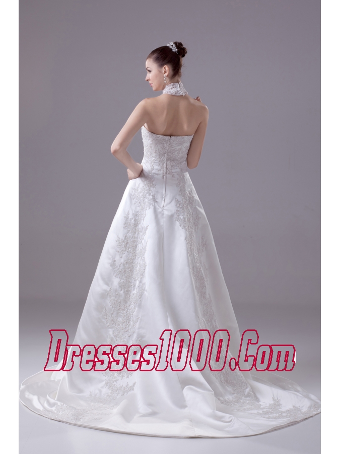 Appliques High Neck Taffeta Wedding Dress with Court Train