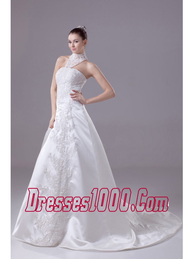 Appliques High Neck Taffeta Wedding Dress with Court Train