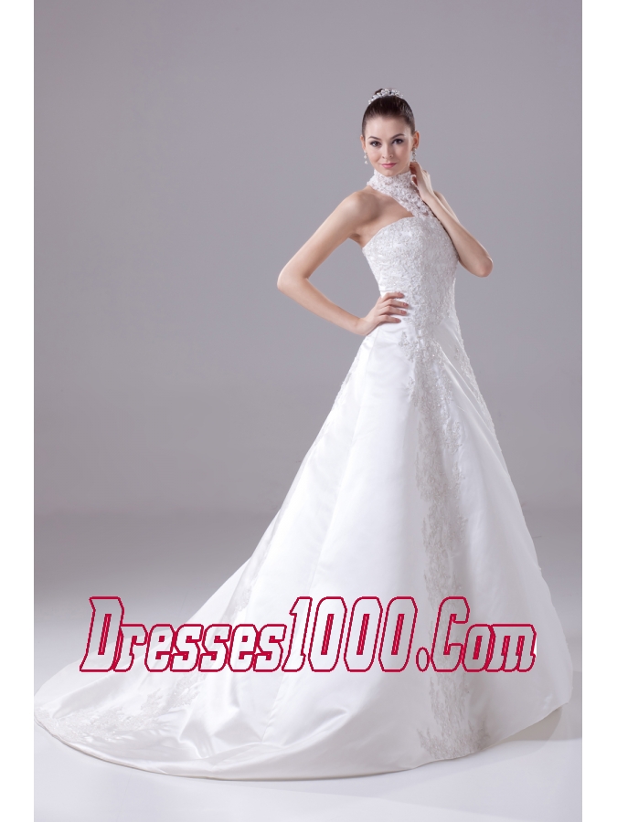 Appliques High Neck Taffeta Wedding Dress with Court Train