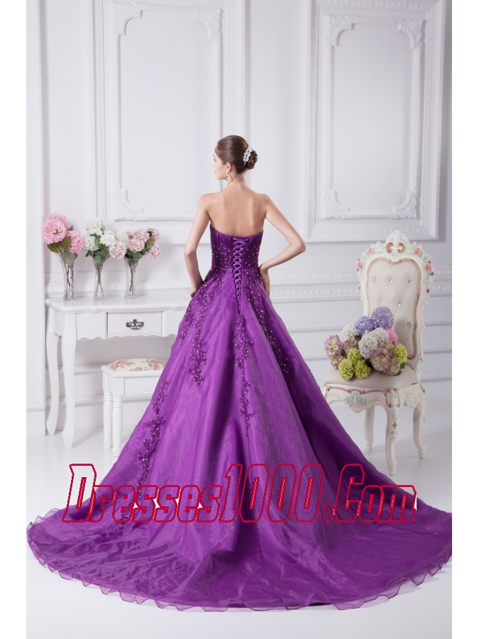 Appliques Sweetheart A-Line Chapel Train Wedding Dress in Purple