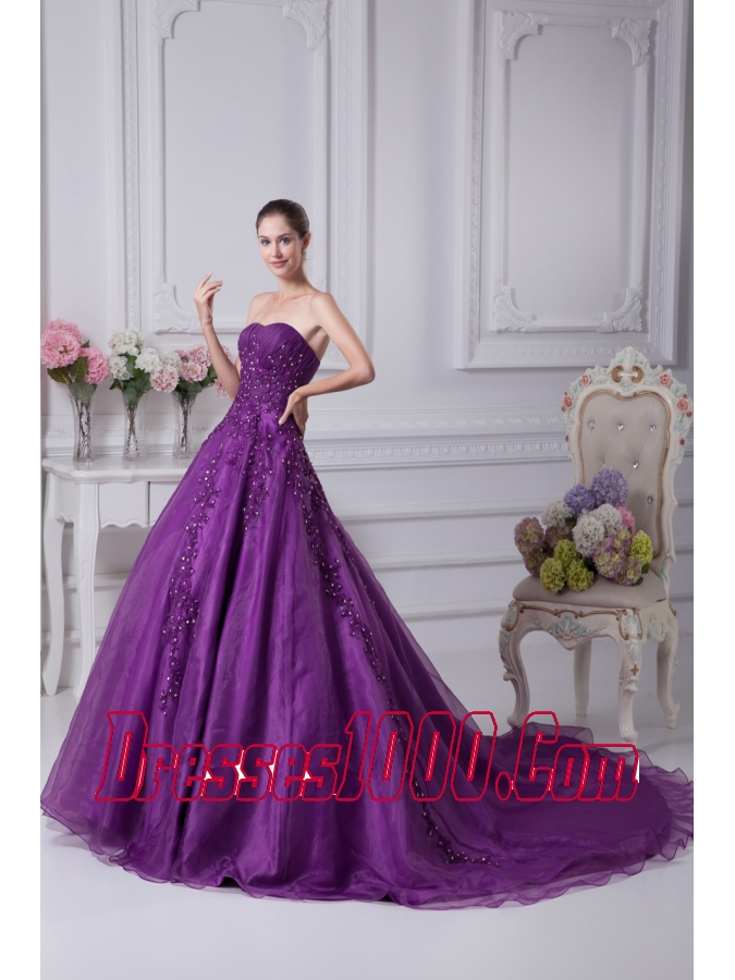 Appliques Sweetheart A-Line Chapel Train Wedding Dress in Purple