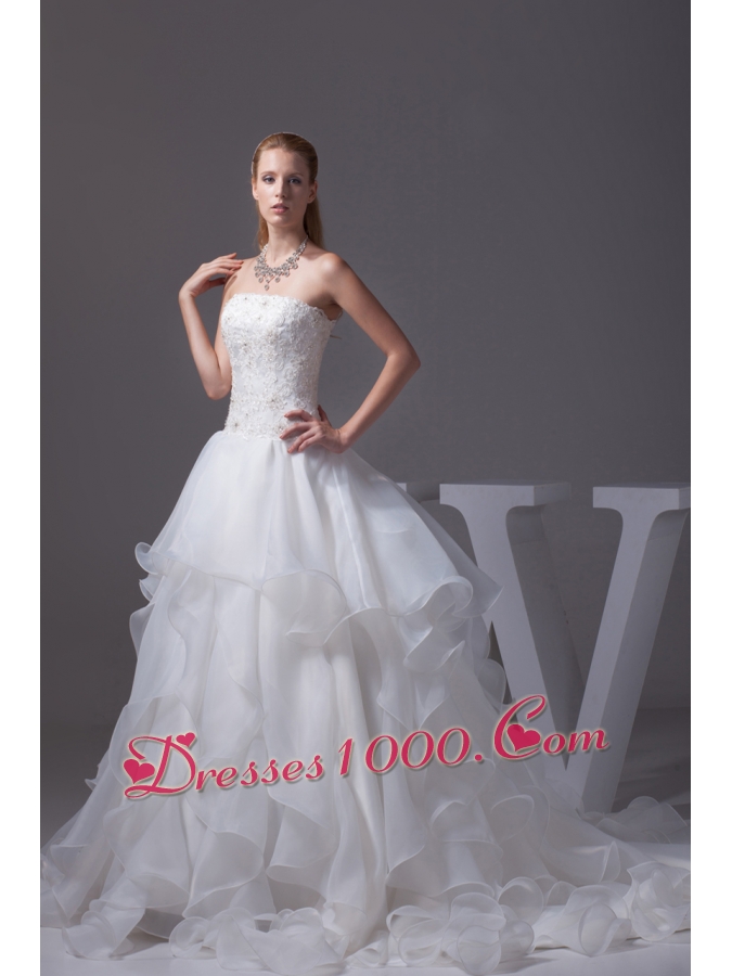 Appliques With Beading Strapless Ruffles A-line Wedding Dress