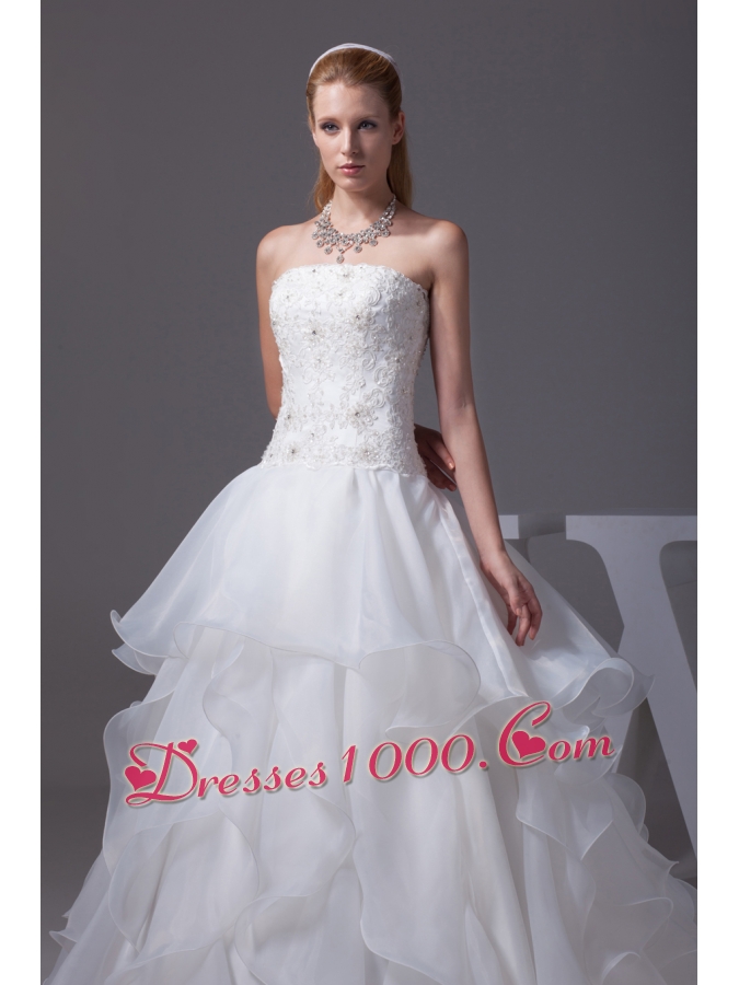 Appliques With Beading Strapless Ruffles A-line Wedding Dress
