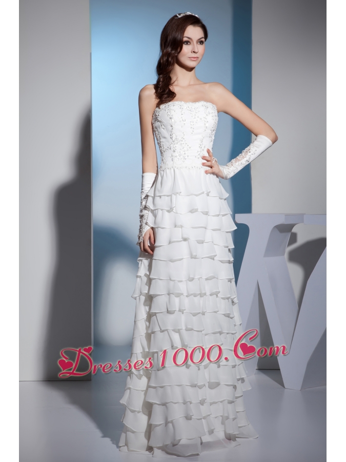 Embroidery Ruffles Layers Strapless Column Floor-length Wedding Dress