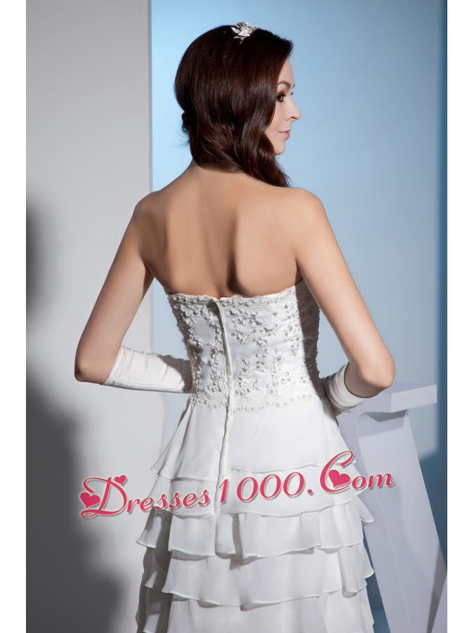 Embroidery Ruffles Layers Strapless Column Floor-length Wedding Dress