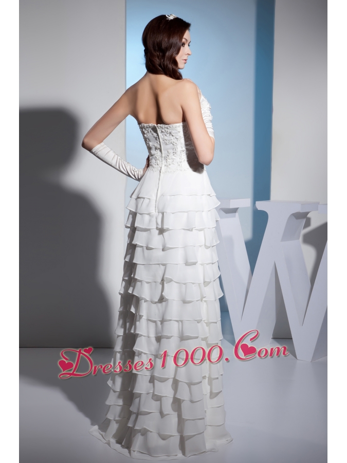 Embroidery Ruffles Layers Strapless Column Floor-length Wedding Dress