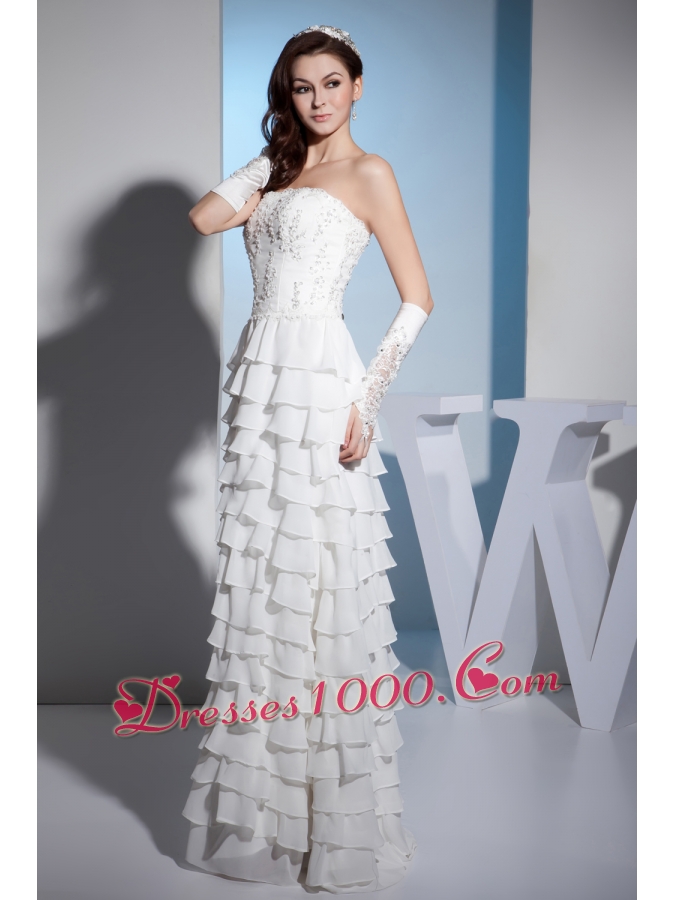 Embroidery Ruffles Layers Strapless Column Floor-length Wedding Dress