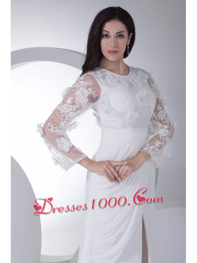 Empire Long Sleeves Scoop Appliques High Slit Wedding Dress