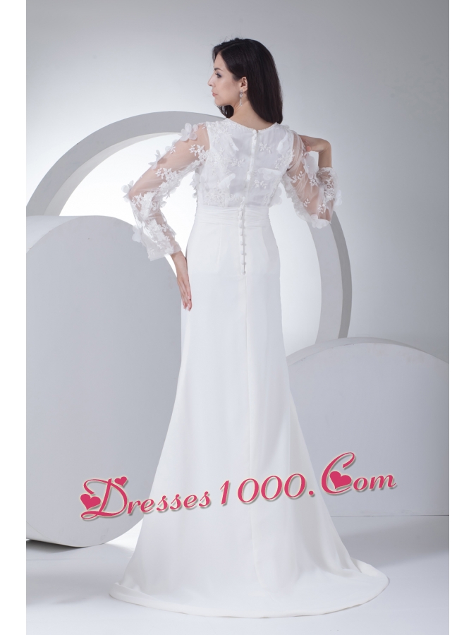 Empire Long Sleeves Scoop Appliques High Slit Wedding Dress