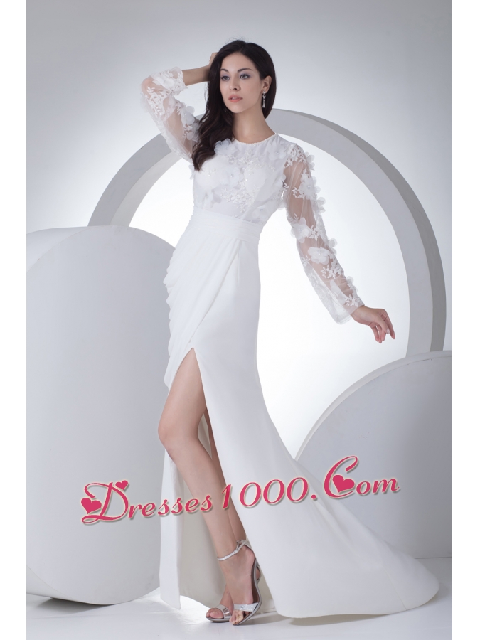 Empire Long Sleeves Scoop Appliques High Slit Wedding Dress