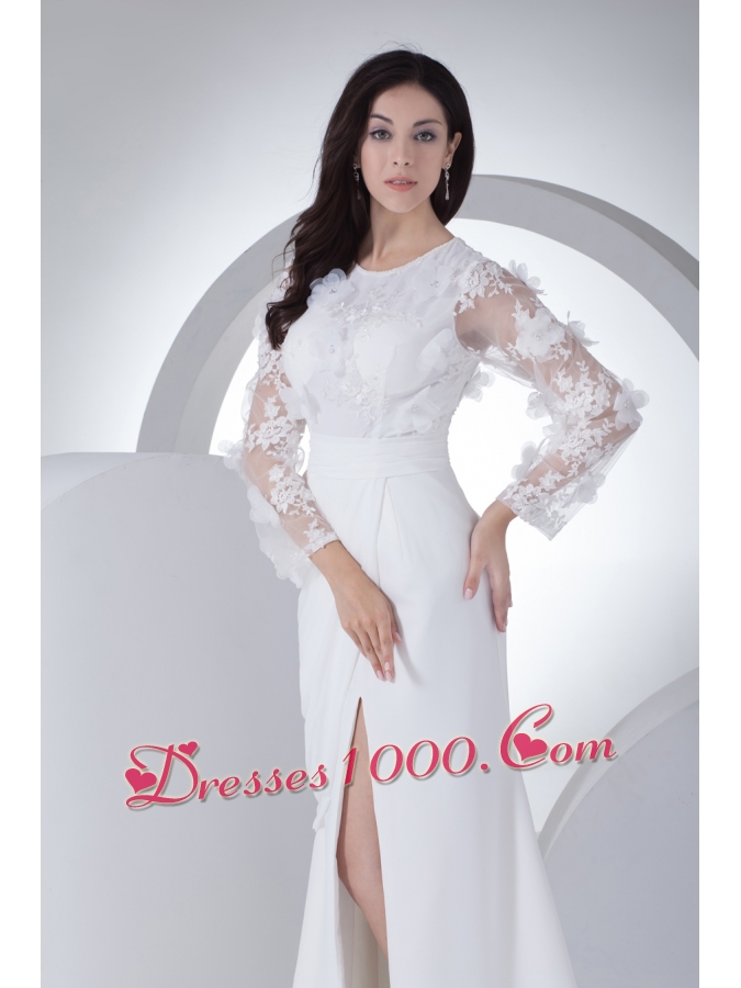 Empire Long Sleeves Scoop Appliques High Slit Wedding Dress