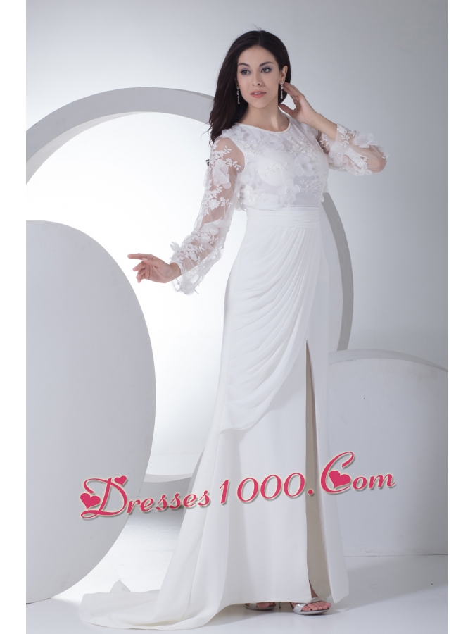 Empire Long Sleeves Scoop Appliques High Slit Wedding Dress