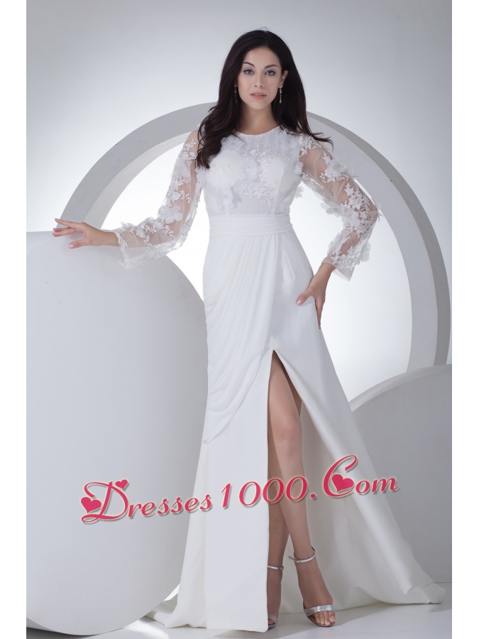 Empire Long Sleeves Scoop Appliques High Slit Wedding Dress