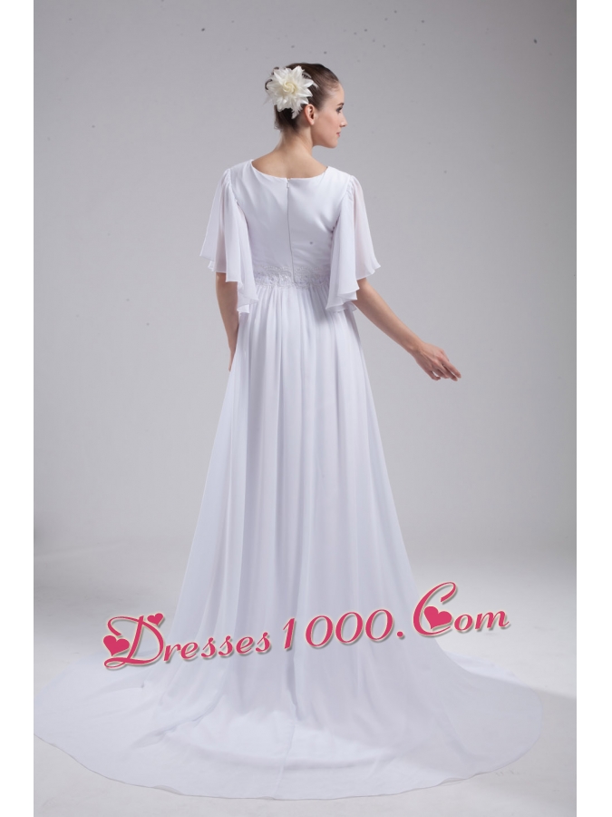 Empire V-neck Ruching Half Sleeves Cheap Wedding Dress
