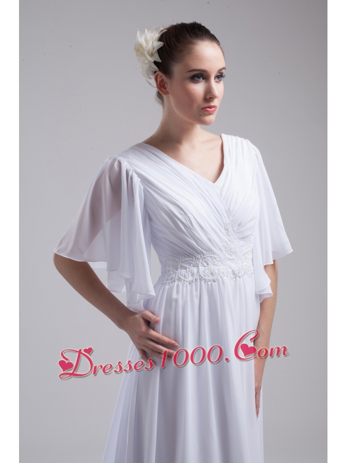 Empire V-neck Ruching Half Sleeves Cheap Wedding Dress